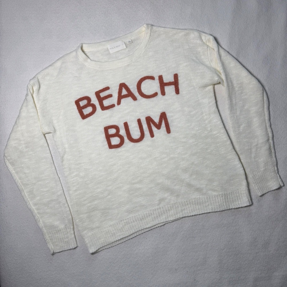 Mia & Tess Beach Bum Graphic Sweater Cream Slub Knit Small